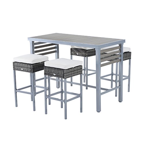 Outsunny Steel 5 Piece Patio Rattan Wicker Dining Table Chairs Conversation Set -Grey/Cream White