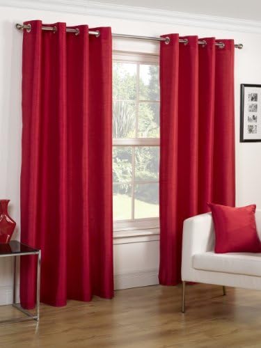 Faux Silk Slubbed Red Eyelet Fully Lined Readymade Curtain Pair 90x90in(228x228cm) Approximately By Hamilton McBride by Luxury Faux Silk