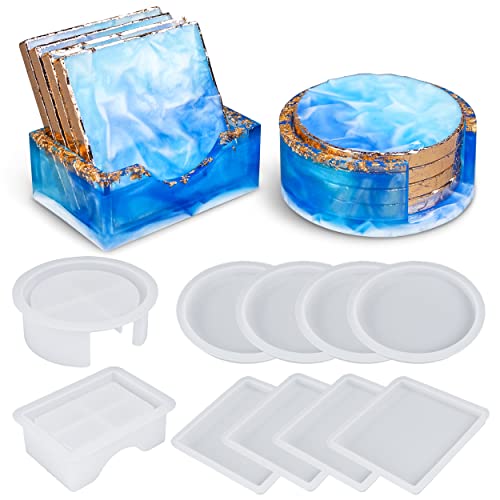 LET'S RESIN Coaster Resin Molds, Upgraded 10pcs Epoxy Molds Holder Kit with 5 Plastic Dropper 5 Wooden Sticks 2 Gloves, Sturdy Silicone Moulds for Epoxy Resin, Cups Mats