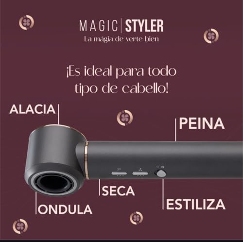 Magic Styler Secadora Profesional y Multiestilizador de Cabello 6 en 1 Tecnología Iónica 3 Velocidades y 3 Niveles de Temperatura con 9 Configuraciones para Secar Alaciar Rizar y Da Volumen, Color Gris
