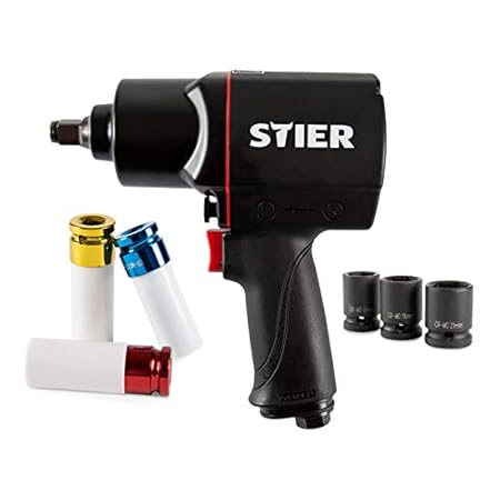 STIER Schlagschrauber-Satz, Druckluft-Schlagschrauber 17-BBS, Kraft-Steckschlüsseleinsatz 1/2, Stecknippel 1/4,