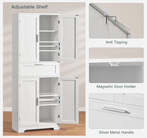 FIONESO 67" Tall Pantry Cabinet, Kitchen Pantry Storage Cabinet with 1 Large Drawer & 2 Adjustable Shelves, Freestanding Cupboard Buffet for Kitchen, Bathroom, White