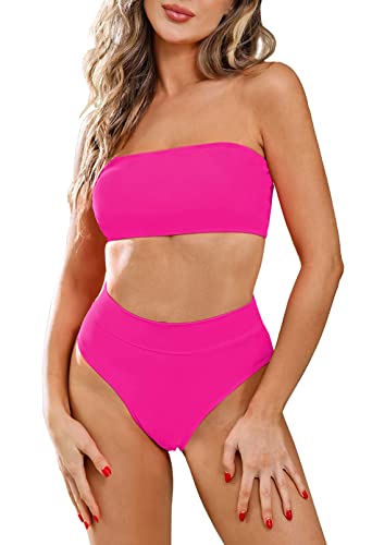 Viottiset Bikini para mujer de cintura alta, traje de baño bandeau con tirantes desmontables, rosa claro, XXL