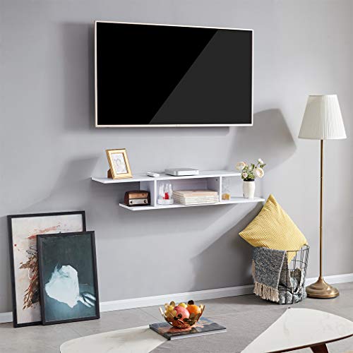Sunon TV Stand Floating Wall Mounted Entertainment Center Media Console Wood Storage Shelf with Cable Management Slot(White)