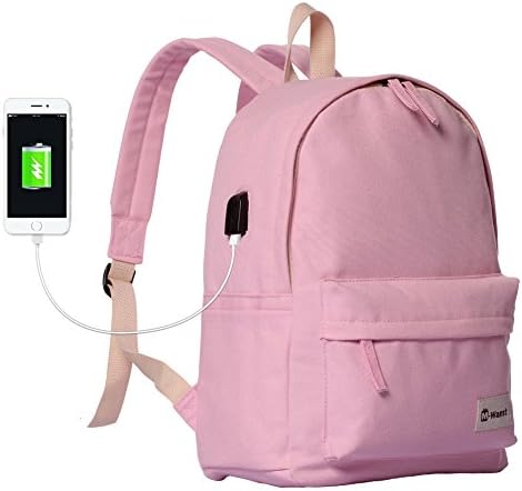 Yayabb Lightweight School Backpack Travel Daypack Canvas Laptop Backpack with USB Charging Port (Medium, Pink)