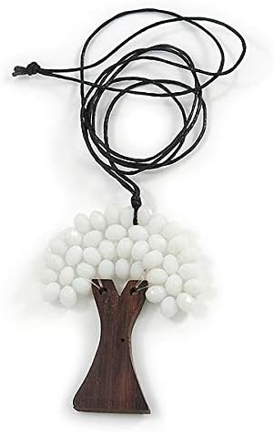 Avalaya White Glass Bead/Brown Wood Tree Of Life Pendant with Black Cotton Cord - 76cm L, white / ivory, brown - Image 5