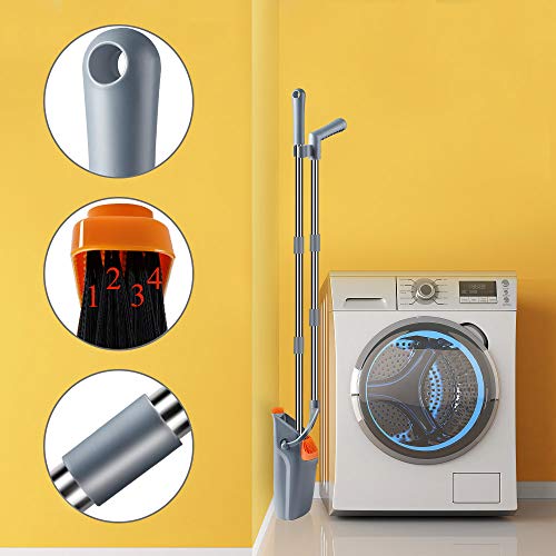 Kelamayi Broom and Dustpan Set, Super Long Handle Lobby Broom, Self-Cleaning with Dust Pan Teeth, Ideal for Home, Kitchen and Office Use (Gray & Orange)