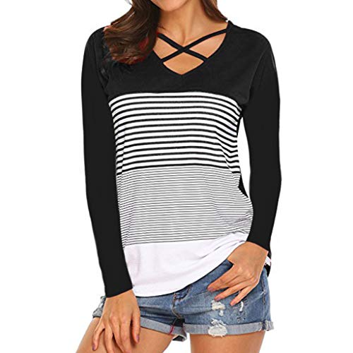 Mitsutomi Women Blouse,Autumn Women Casual Long Sleeve Striped Patchwork Solid Top T-Shirt (Black Long Sleeve, S)