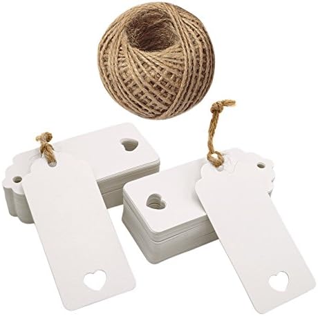 jijAcraft White Tags,100PCS Gift Tags for Crafts and Christmas,4.5x9.5cm Lovely Hollow Heart Wedding Favour Tags with 30M Jute Twine