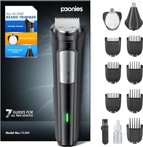 Beard Trimmer Men's Hair Trimmer, All-in-1 Beard Trimmer, Nose Hair Trimmer, Wireless, USB Rechargeable & Waterproof Razor, Electric with 7 Attachment Combs, Ultra Sharp Blade