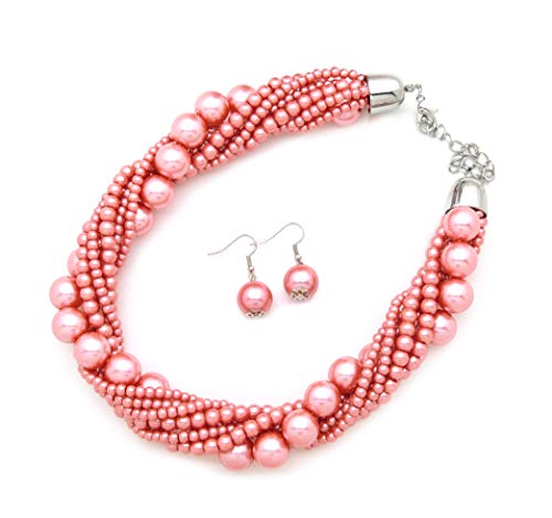 Fashion 21 Women's Twisted Multi-Strand Simulated Pearl, Acrylic Ball Statement Necklace and Earrings Set (Papaya)