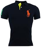 Polo Ralph Lauren Mens Custom Fit Big Pony Mesh Polo Shirt - L - Navy (Orange Logo)