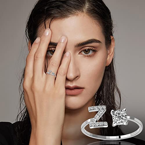 Bague Prénom Personnalisée pour Femme, Dames Filles De A à Z Anneaux Bague lettre ouverte réglable Bague de fête personnalisée pour dames avec lettre initiale Anniversaire Saint Valentin Cadeau