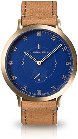Lilienthal Berlin Watch - Made in Germany - Designed in Berlin. Model L1 with Stainless Steel Case (Size: 42.5 mm, Case: Gold/Dial: Blue/Strap: Light Brown)