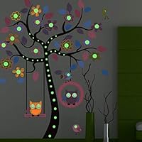 BoardGamec - Wall Stickers with Glow in The Dark Stickers - Luminous Dots - Tree with Flowers, Leaves, and Owls - Wall Decals