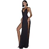 Women's Knitted Cover Up Dress Sexy Open Back Halter V Neck Double High Slit Long Dress