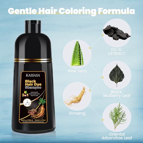 Black Hair Dye Shampoo 3 in 1, Natural Hair Dye Semi Permanent Color, Gray Hair Cover Up for Treated Color for Women and Men, 500ML