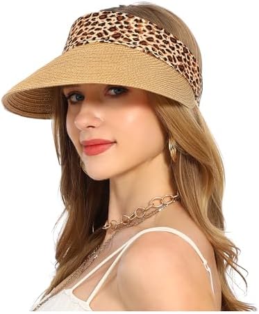 Straw Wide Brim Sun Visor with Detachable Leopard Ribbon, UV Protection, Wide Brim Straw Sun Hat With Leopard Print Ribbon Bow By  main image 2