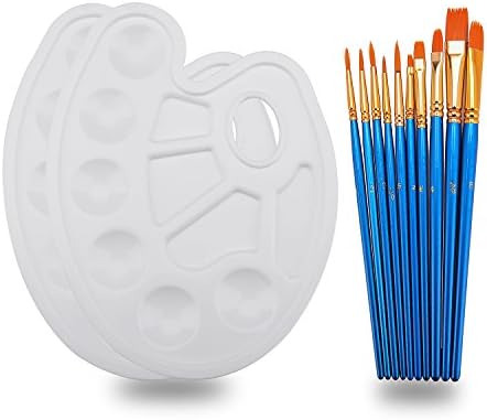 Hundor 10Pieces Round Pointed Tip Nylon Hair Brush Set With 2 Paint Tray Palette