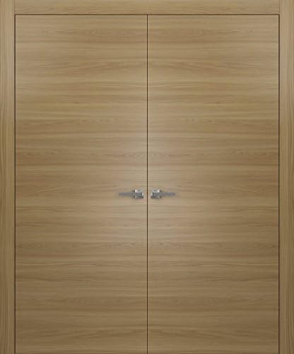 Planum 0010 Interior Double Closet Flush Wood Doors 60" x 80" Honey Ash Pre Drilled with trims, frame, handle, hinges