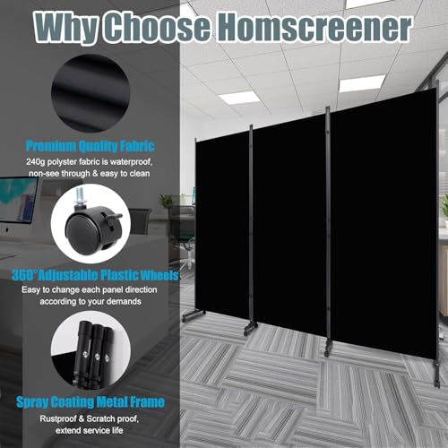 Room Divider Folding Privacy Screens with Wheels, 6FT Tall Divider for Room Separation, 3 Panel Movable Room Partitons, Indoor Room Dividers Panel with Non-See Through Fabric for Office (Black)