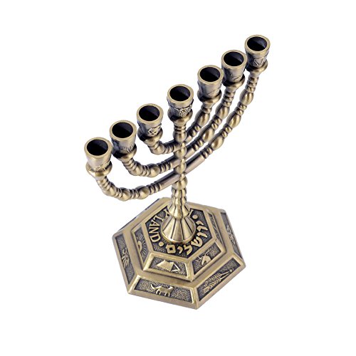 12 Tribes of Israel Menorah, Jerusalem Temple 7 Branch Jewish Candle Holder (5 Inches, Coppery) - Thumbnail 2