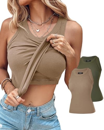 Photo 1 of **PARTIAL SET ONLY 1 GREEN TOP** CHICME 2-Pack Womens Shelf Bra Tops Sleeveless Shirts Rib-Knit Tops Summer Outfits Khaki+Army Green-M