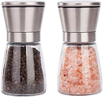 Salt and Pepper Ginder Set, Adjustable Coarseness Spice Ginder, Brush Stainless Steel Salt and Pepper Shakers with Glass Bottle