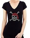 PIRATE SKULL WITH BANDANA HANDMADE Rhinestone/stud Womens T-Shirts