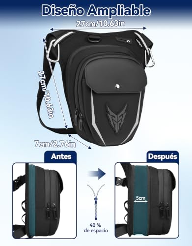 Leathario Expandable Motorcycle Leg Bag with Adjustable Straps, Multifunctional Waterproof Leg Bag for Motorcycle Cycling Hiking with Carabiners and Reflective Strips, Black - Grey Label