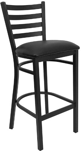 Flash Furniture HERCULES Series Black Ladder Back Metal Restaurant Barstool - Black Vinyl Seat