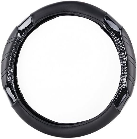 KM World Black 14.5-15 Inch PU Leather and Carbon Design Steering Wheel Cover With Precise Comfort Pillow Hand Placements, Fits Nissan Versa