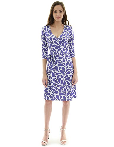 PattyBoutik Women Faux Wrap A Line Dress (Purple and White 28 Small)