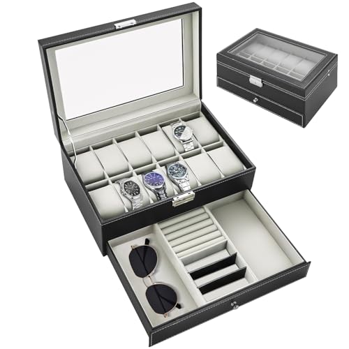 Gavzrt Caixa de Relógio com 12 Compartimentos, Caixa para Relogio, Porta Relógio Masculino, Porta Joias Masculino, Caixa de Exibição de Relógio de 2 Camadas com Tampa de Vidro Grande, Caixa de Joias
