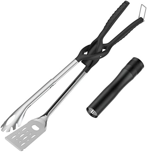 Tonistar Stainless BBQ Multi-Function Accessories, 6-in-1 BBQ Tools Grilling Utensils Barbecue Tongs &amp; Spatula with Serrated Knife Edge, Bottle Opener, Scraper Slot &amp; LED Flashlight