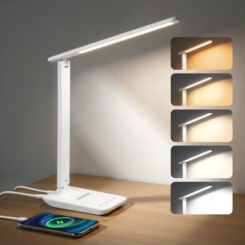 YAMYONE LED Desk Lamp with USB Port, Touch Control, Eye-Protection Light, 5 Color Modes and 5 Brightness Levels, Ideal for Bedroom, Study and Nightstand (White)