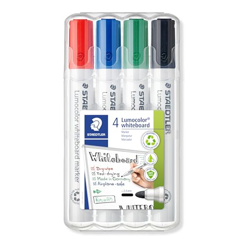 Whiteboard-Marker Lumocolor, Rundspitze ca. 2 mm Linienbreite, Set mit 4 Farben, hohe Qualität Made in Germany, trocken und rückstandsfrei abwischbar von Whiteboards, 351 WP4