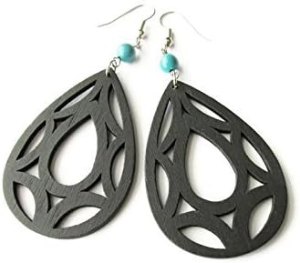 Large Black Wooden Geometric Earrings with Turquoise Stone Beads