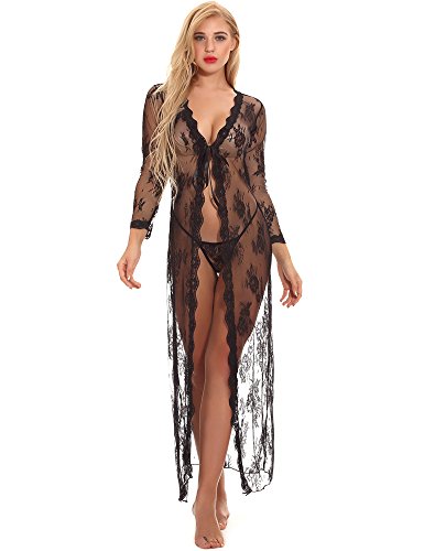 cunlin Women Sexy See Through Lace Gown Kimono Cover Up Sleepwear Set Plus Size Dress Maternity Pregnant Robe Black S