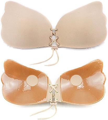Lace-Up Adhesive Push-Up Sticky Bra Backless Strapless Reusable Black Nude (L/XL, Nude)