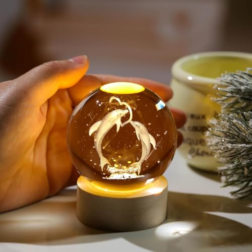 KESI Ornaments Dolphin Crystal Ball with LED Wooden Base, Crystal Dolphin Figurine Paperweight Ornaments, 3D Laser Engraved Decorative Glass Night Light Gifts for Girls or Boys for Baby Nursery Decor 2