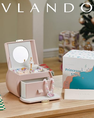 VLANDO Girls Jewellery Box with Drawer, Music Box with Ballerina and Stickers for Bedroom Decor, Gifts for Girls Kids, Pink