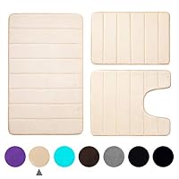 Buganda Memory Foam 3 Pieces Bathroom Rugs Set - Thick Soft Absorbent Non-Slip Bath Mats, Washable Small/Large/Contour Bath Rugs, Beige