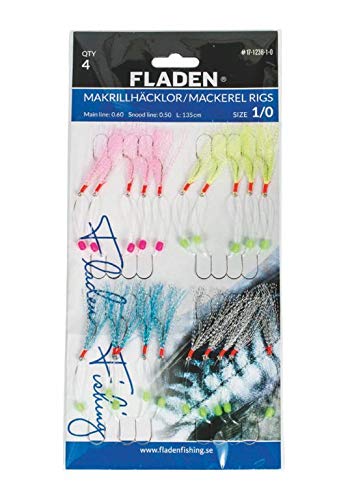 FLADEN Herring and Mackerel Leader Set, with 4 Different Coloured Tinsel Leaders, Hook Size 2 or 1/0, Length 135 cm, Main Cord 0.60 mm (Size 1/0)