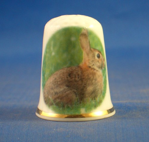 Porcelain China Collectable Thimble - Rabbit in the Grass - Free Gift Box