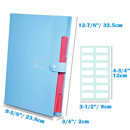 Selizo 6 Pcs Expanding File Folders with 5 Pockets Plastic A4 Letter Size Document Organizer and 168 Pcs File Folder Labels for School and Office