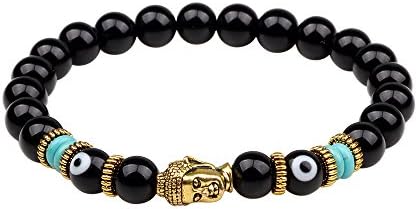 ASAKUSAIREN Men Women 7 Chakras Volcanic Lava Stone Buddha Bangle Elastic Natural Yoga Bead Prayer Safe Bracelet (Black Agate)