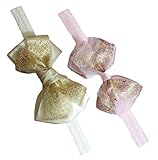 DANMY Baby Elastic Hair Band Lace Bow Headband Flower Hair Accessories（2PCS） (silk(Beige and pink))