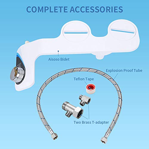 Aisoso Bidet Toilet Attachment with Self Cleaning Dual Nozzles and Explosion Proof Tube, Non Electric Fresh Water Spray Adjustable Pressure, Solid Brass T-Adaptor for Easy Installation