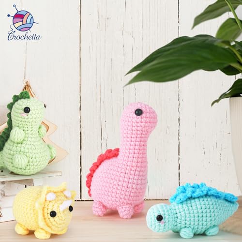 Crochet Kit for Beginners, Beginner Crochet Kit for Adults with Step-by-Step Video Tutorials, DIY Crochet Animal Kits Kids Knitting Supplies, 4 Pack Dinosaurs (40%+ Yarn) Knitting Patterns